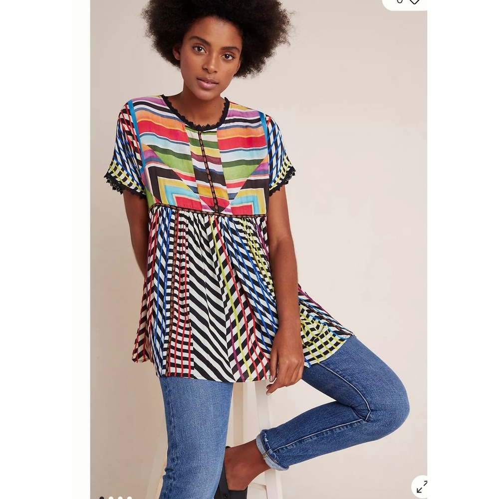 Conditions Apply Kynsa Anthropologie Geometric Striped Crochet Lace Tunic Large